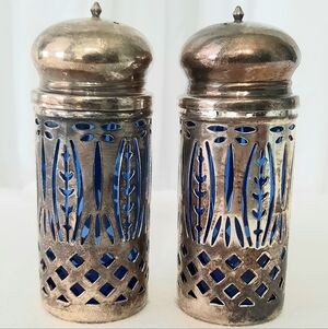 Vintage Arcoroc Salt and Pepper Shakers Metal Cobalt Blue 4" High  Tarnished